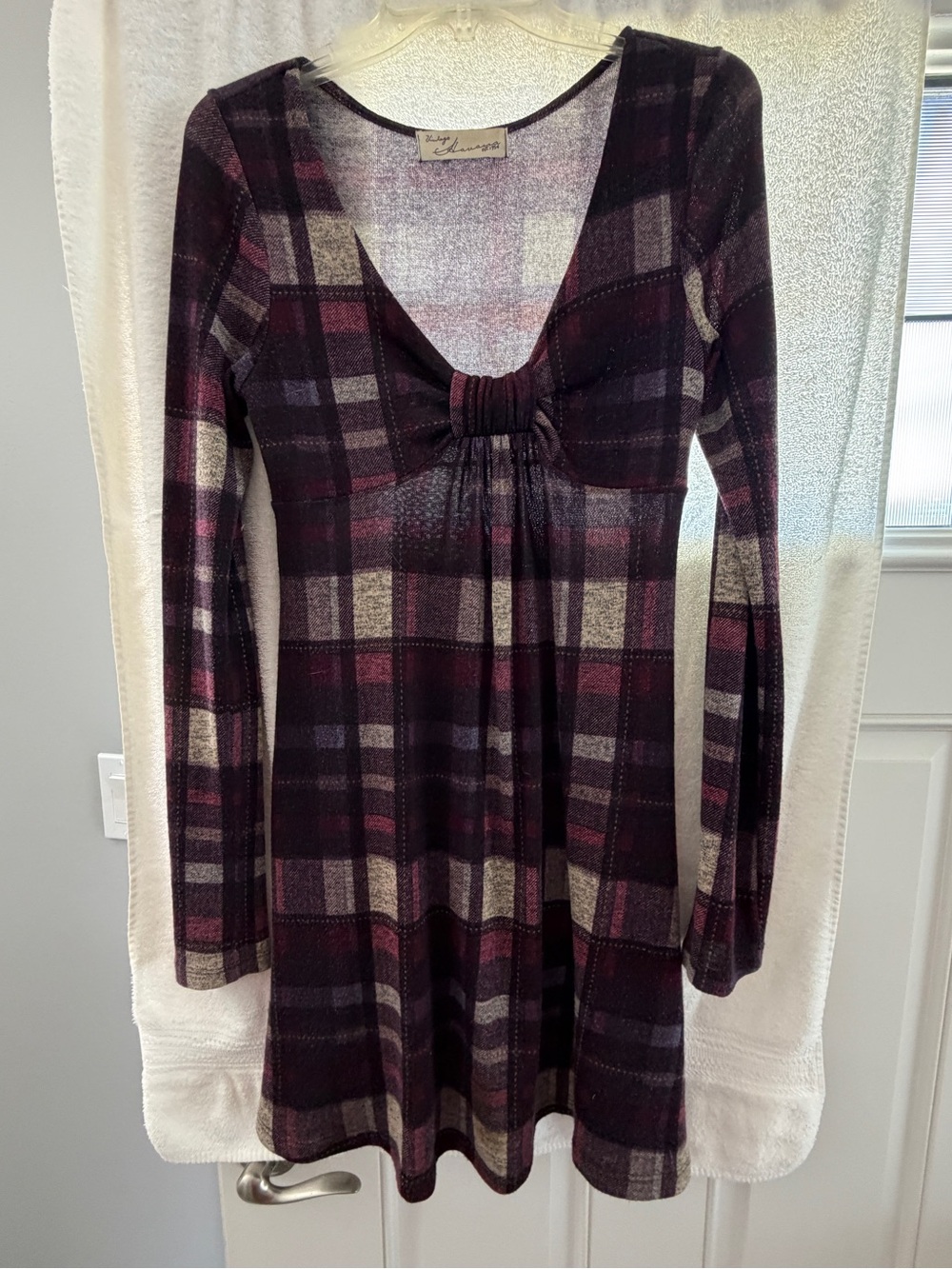 Vintage Havana Plum and Gray Plaid Long-Sleeve Empire Dress
